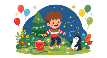 Fototapeta premium A joyful young boy jumps in a festive night garden alongside a friendly penguin, surrounded by balloons, flowers, and a decorated tree.