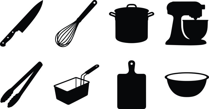 Kitchen utensils and cooking equipment icon set featuring black vector silhouettes isolated on white background
