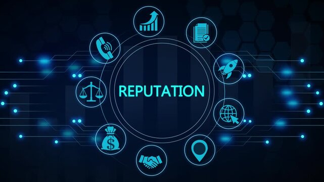 Corporate reputation management concept with digital featuring business growth, financial success, networking, and strategic leadership symbols on a modern dark tec 4k video animation