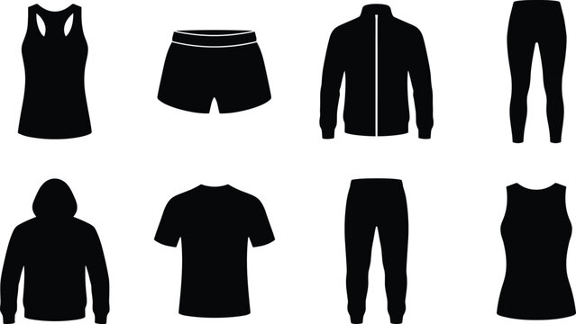 Sportswear and activewear silhouette icon set featuring clothing items for fitness gym and athletic apparel branding