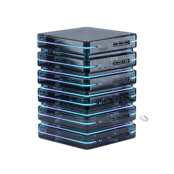 Futuristic stacked 3D ai automation server nodes with glowing blue neon data processing lights in transparent background