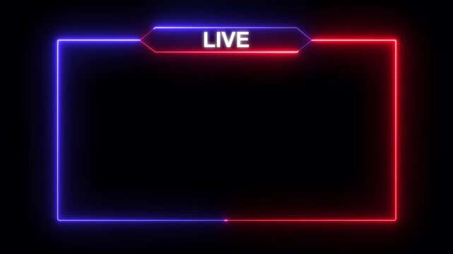 Live streaming neon border frame with red blue lights. Broadcast video border panel for digital social media channel. Animated neon frame layout.
