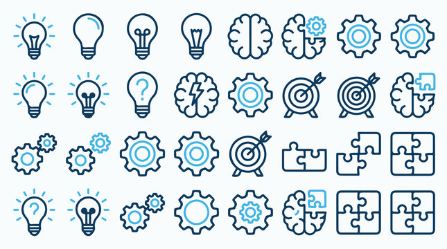 Creative Idea, Brain, and Problem Solving Line Icons Set