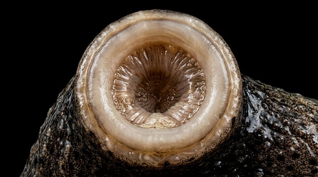 Close up macro photography of a lamprey mouth showing sharp teeth.