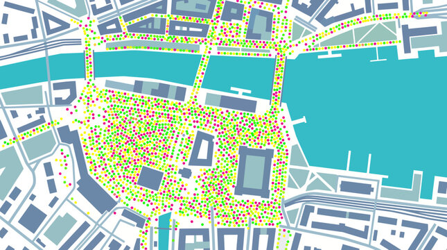 Digital data visualization of urban population density and movement on a city map
