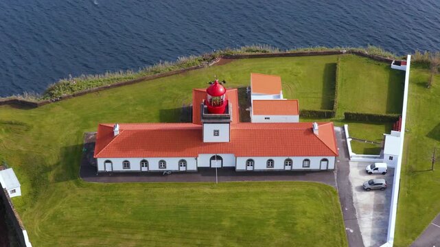 Aerial View Of Ponta das Lajes Lighthouse In Lajes das Flores, Azores, Portugal.