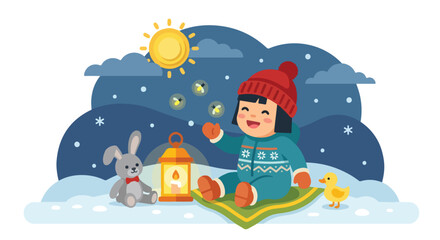 Naklejka premium A happy child in winter clothes sits on a mat in the snow with a toy rabbit, a duck, and a glowing lantern under a starry night sky.
