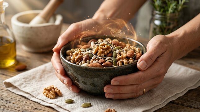 Hands holding a rustic bowl filled with a nutritious mix of assorted raw nuts and seeds with a magical golden glow in a warm kitchen setting