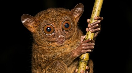 Fototapeta premium Close up portrait of a Philippine Tarsier holding a branch at night.