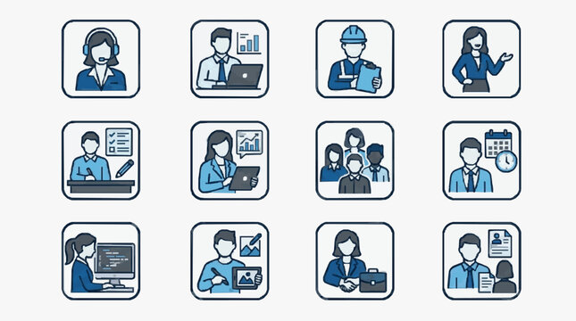 Elegant Collection of Twelve Professional Icons Showcasing Diverse Office Roles and Tasks in Blue and White