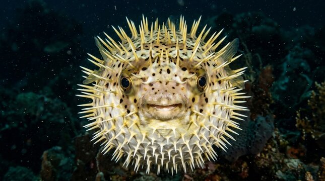 Close up portrait of a spiky porcupine pufferfish underwater.