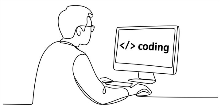 Continuous single line drawing of a man sitting at a desk and coding on a computer screen for software development and programming work concept Vector, illustration