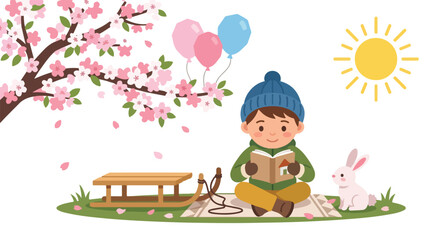 Fototapeta premium A young boy in winter gear sits on a blanket reading a book under a blossoming cherry tree with a white bunny and a wooden sled beside him.