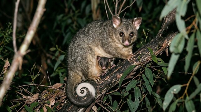 Common Brushtail Possum climbing on a tree branch at night.