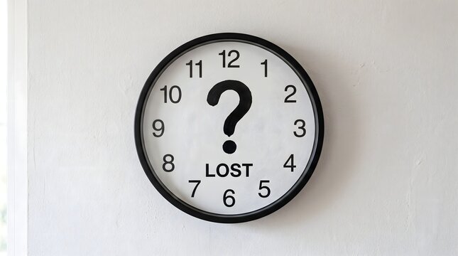 A wall clock with a large question mark replacing the hands and the word 'LOST' printed below, creating a powerful metaphor for temporal disorientation, confusion, and wasted time.