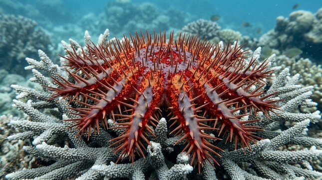 Crown of thorns starfish crawling on coral reef.