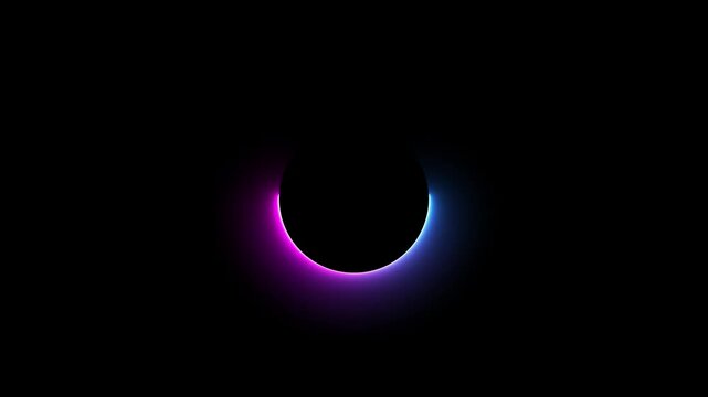Abstract representation of a solar eclipse with a vibrant glowing ring of pink and blue light against a completely black background creating a cosmic and futuristic atmosphere with a sense of