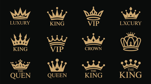 Golden crown logos collection set with luxury king queen and vip elegant royal tiara icons isolated on black background