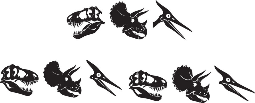 Dinosaur fossil skull collection icon set with t rex dinosaur paleontology prehistoric skeleton creature jurassic evolution wildlife collection silhouette isolated background predator