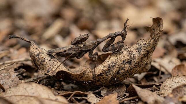 Dead Leaf Mantis Camouflaged on Forest Floor.