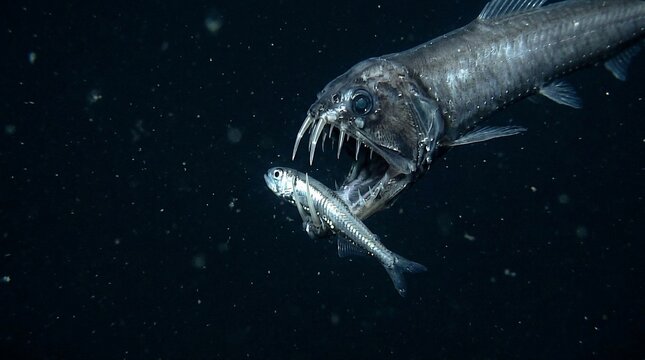 Deep sea dragonfish hunting prey in the dark ocean depths.