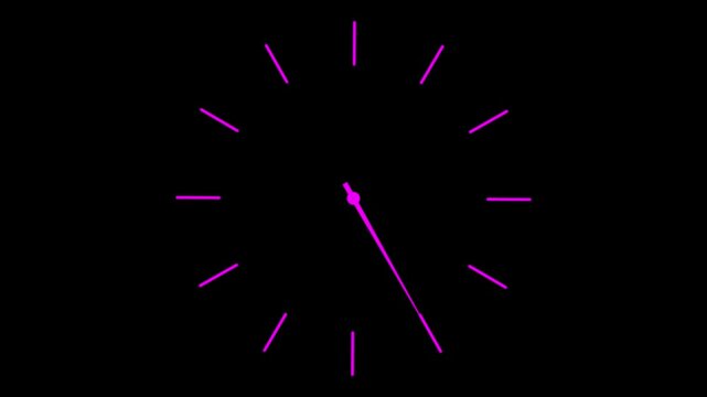 Minimalist clock face with magenta hands on black. Modern analog clock face for time schedule deadline monitoring. Animated clock face design.