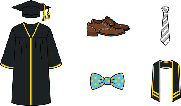 Graduation Gown and Academic Attire Vector Icon Set with Mortarboard Cap Shoes Tie Bowtie and Stole for Convocation Ceremony Designs