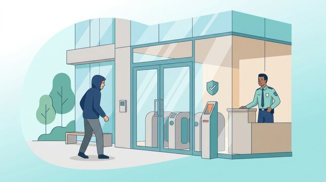 A person in a hooded jacket approaches the entrance of an office building with a security guard at the reception.