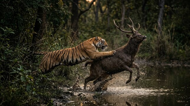 Dramatic scene of a tiger hunting a deer in the wild.