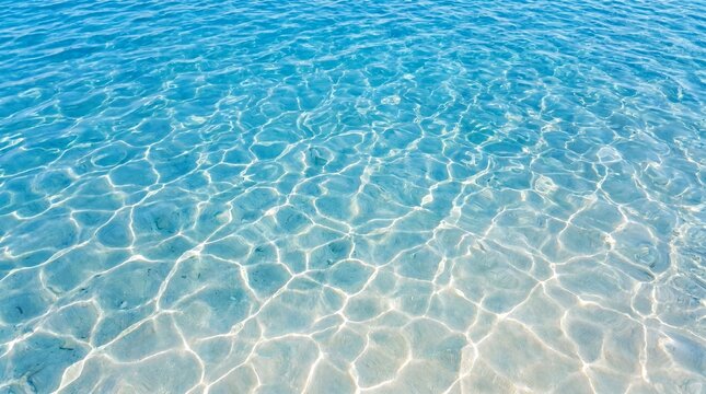 Top down view of deep blue transparent water ripples with sharp sunlight caustics