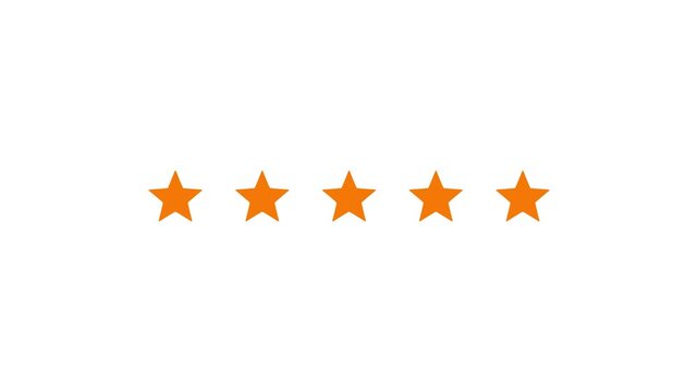 Five bright orange five-pointed stars are evenly spaced in a horizontal line against a clean white background representing a rating system or a score of five stars in a clear and simple
