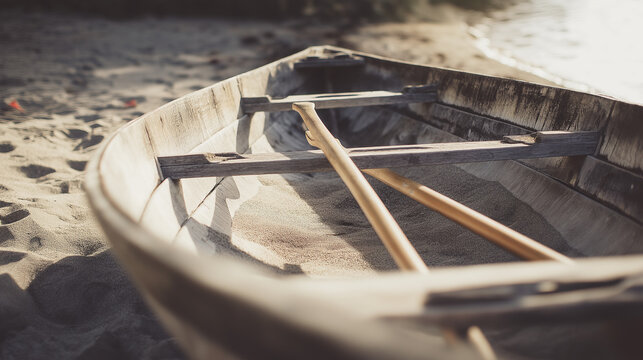 skiff. Old weathered wooden skiff on a sandy shore with crossed oars. mobility guides, transit brochures, designed for transport & logistics marketing, clarifies navigation.