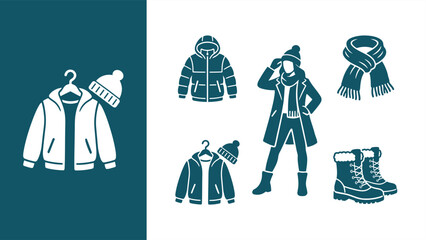 Winter clothing illustration set: jackets, parka, scarf, beanie, boots, and a model wearing a coat for cold-weather fashion. Symbols vector EPS. © Muchib R.