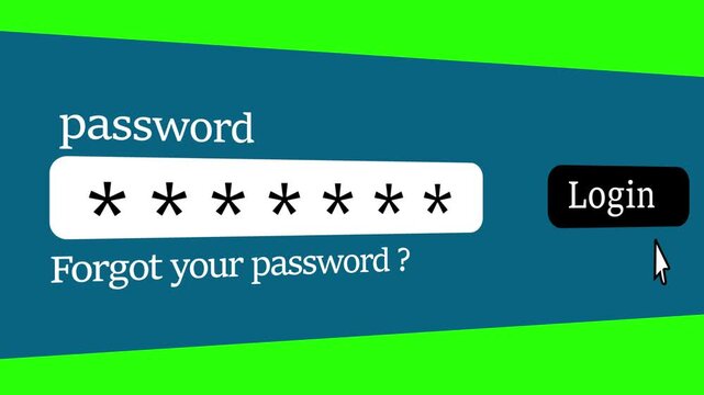 Login screen with password field and security asterisks. Secure account login panel for website database protection. Animated login screen layout.