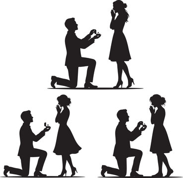 Set of silhouettes of a man proposing to a woman with a ring marriage proposal concept marriage proposal silhouette engagement kneeling relationship boyfriend girlfriend surprise commitment