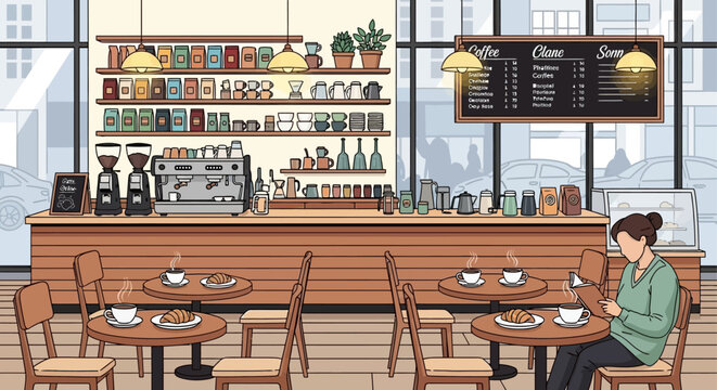 Cozy Coffee Shop Interior Vector Illustration with Woman Reading