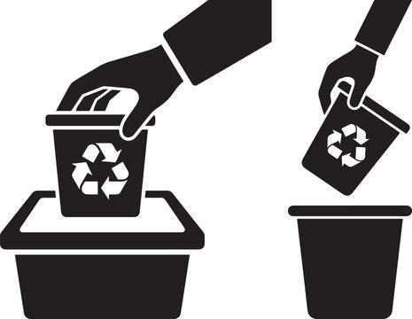 Waste recycling concept hands placing items into recycle bin icons with recycling environment sustainability disposal silhouette management protection pollution responsible dropping throwing