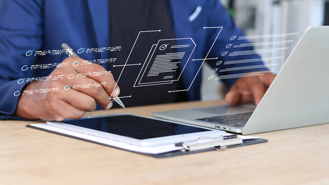 Business professional reviewing digital documents on a virtual workflow interface with checklist and approval icons, representing document management, business process automation, compliance, 