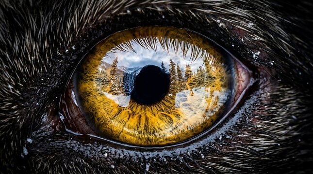 Extreme close up of a wolf eye reflecting a forest landscape.