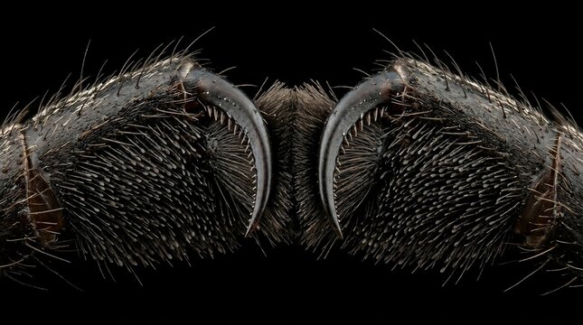 Extreme close up of a tarantula spider fangs and chelicerae.
