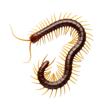 Giant scolopendra centipede specimen featuring dark mahogany segmented plates and vibrant saffron yellow legs, curled in an s-shape. isolated top-down macro image on a transparent background,