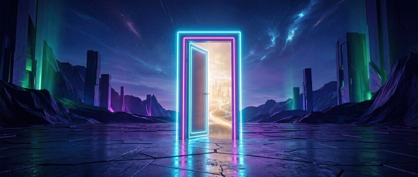 Neon Door in Surreal Landscape with Futuristic Atmosphere