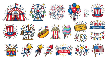 Fototapeta premium Vibrant American Independence Day Celebration Icons Displayed Against White