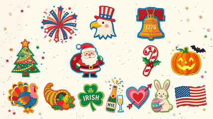 Fototapeta premium Colorful Hand Drawn Collection of Seasonal Holiday Celebration Icons and Festive Symbols