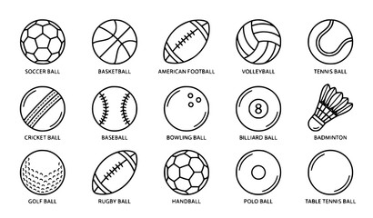 Fototapeta premium Sports Ball Line Art Collection Editable Stroke with Football Basketball Cricket and Tennis Icons