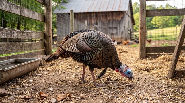 Turkey Bird Foraging for Food in Farm Pen