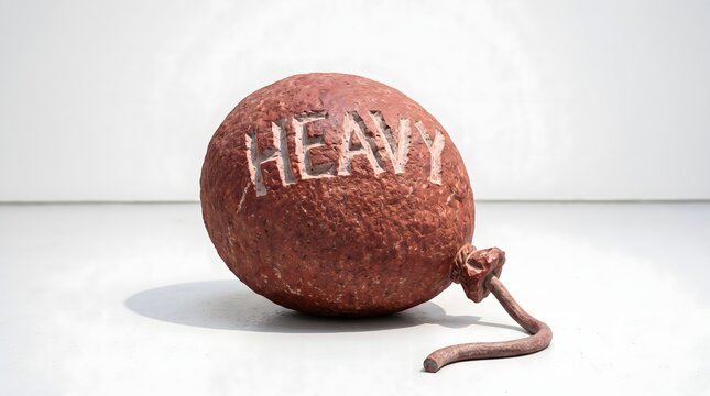 A sculptural balloon carved from solid red stone with the word 'heavy' inscribed on its surface, symbolizing the paradox of hidden mental burdens and the crushing weight of grief