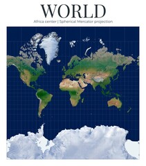 World Map. Spherical Mercator projection. Conformal cylindrical  navigation and web slippy maps (spherical). Africa center, lat 0, lon 20. © Eugene Ga