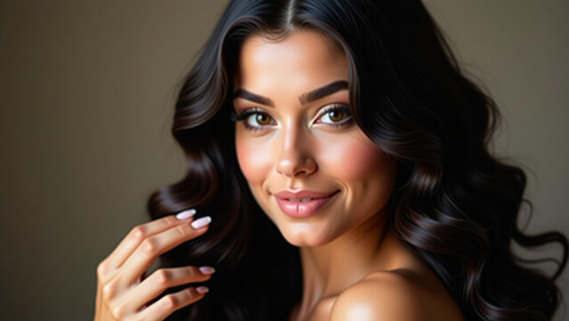 Beauty brunette girl with iteration long and shiny wavy black hair Beautiful woman model with