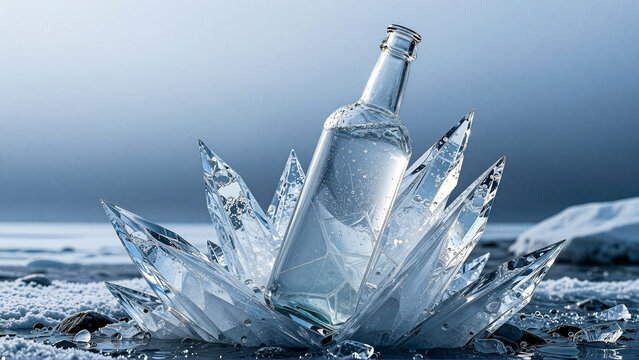 Refreshing cold beverage emerging from ice shards